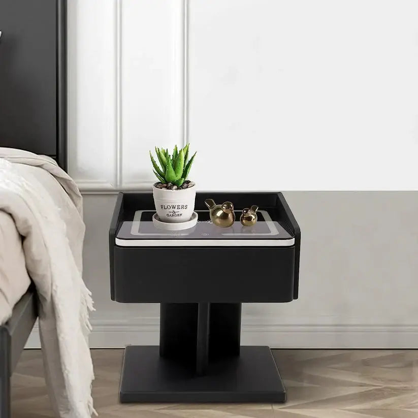 Smart Nightstand Bedside Table in One Drawer with LED Light, Wireless Charging, USB Ports-GCC Home Center