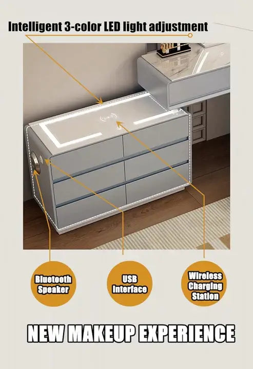 Smart Vanity Table with LED Mirror, Bluetooth Speaker, Wireless Charging - White, Solid Wood-GCC Home Center