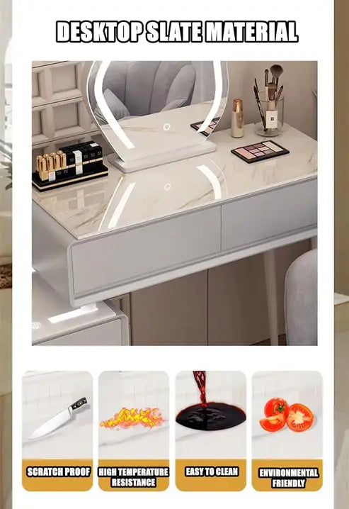 Smart Vanity Table with LED Mirror, Bluetooth Speaker, Wireless Charging - White, Solid Wood-GCC Home Center
