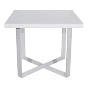 White glossy square meeting table with chrome x-shaped legs durable matt white scratch and water proof surface