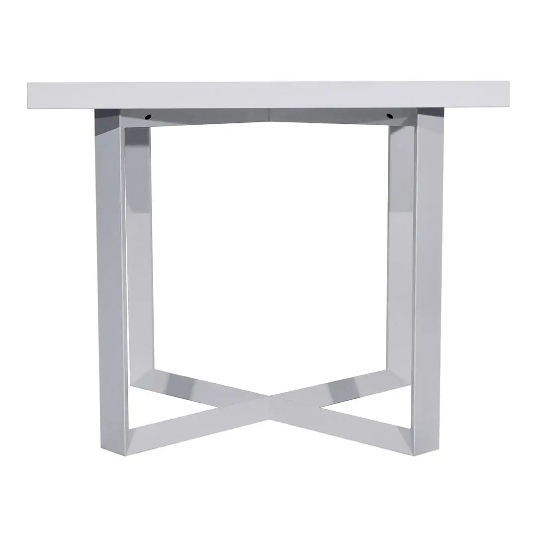 Square meeting table with modern white tabletop and sleek chrome finished x shaped metal legs for durable use