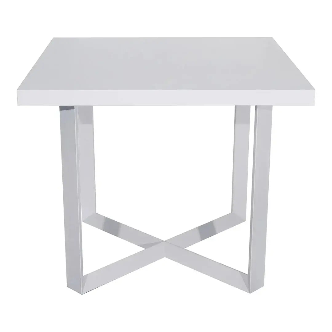 White glossy square meeting table with chrome x-shaped legs durable matt white scratch and water proof