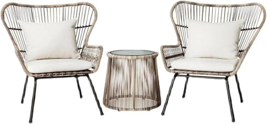 SUNRISE Premium Rattan Wicker Outdoor Club Chairs Table, Upgraded 2000 Hours UV Resistant Rattan Boho Patio Furniture Set with Cushions (2 Chairs +1 Table)