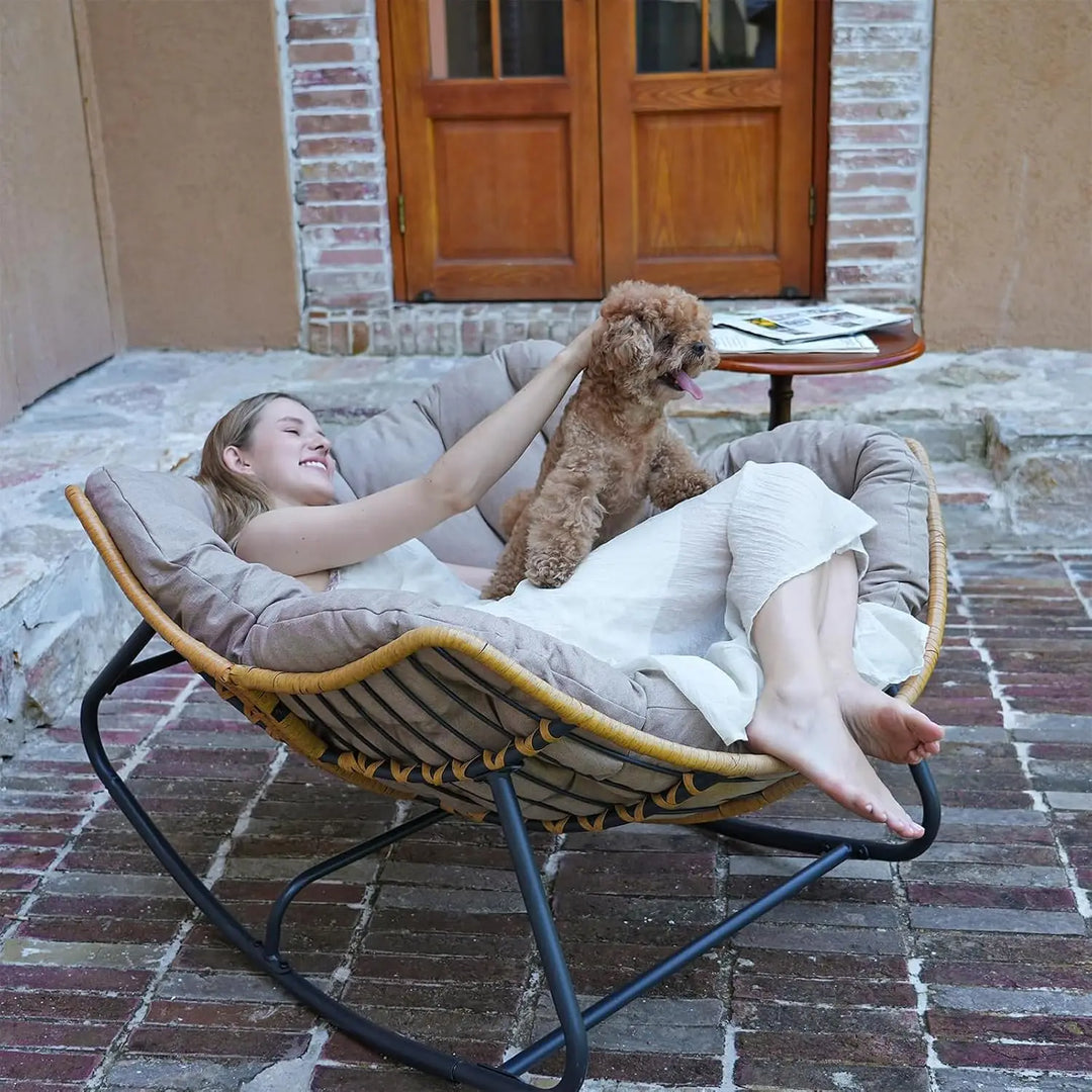 SWITTE Modern Americana Patio Rocking Chair, Rattan Wicker Lounge Chair, Indoor Papasan Chair, Beige - Relaxing, Sleeping, Reading - Ergonomic Design, Durable Alloy Frame-GCC Home Center