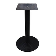 Black metal cast iron table base with square top plate and circular ridged foot for industrial dining and bar tables