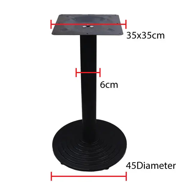 Black metal table base with square top plate cylindrical stem and circular foot for industrial dining bar furniture legs