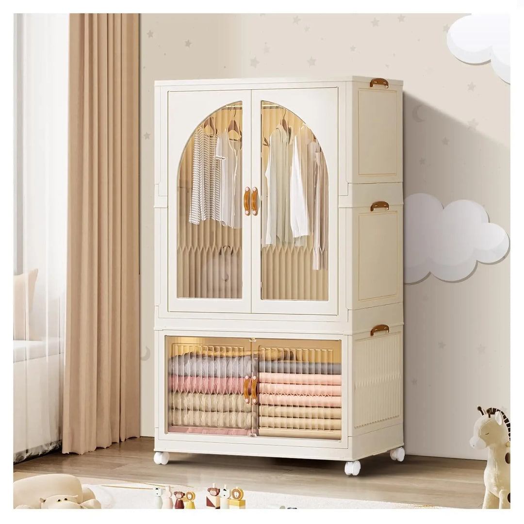 TAPIT Portable Closet Wardrobe Foldable Baby Clothes Organizer Kids Closet Wardrobe Collapsible Children Clothes Cabinet Bedroom Nursery Armoire Clothing Storage with Clear Doors (B-7033-1)-GCC Home Center
