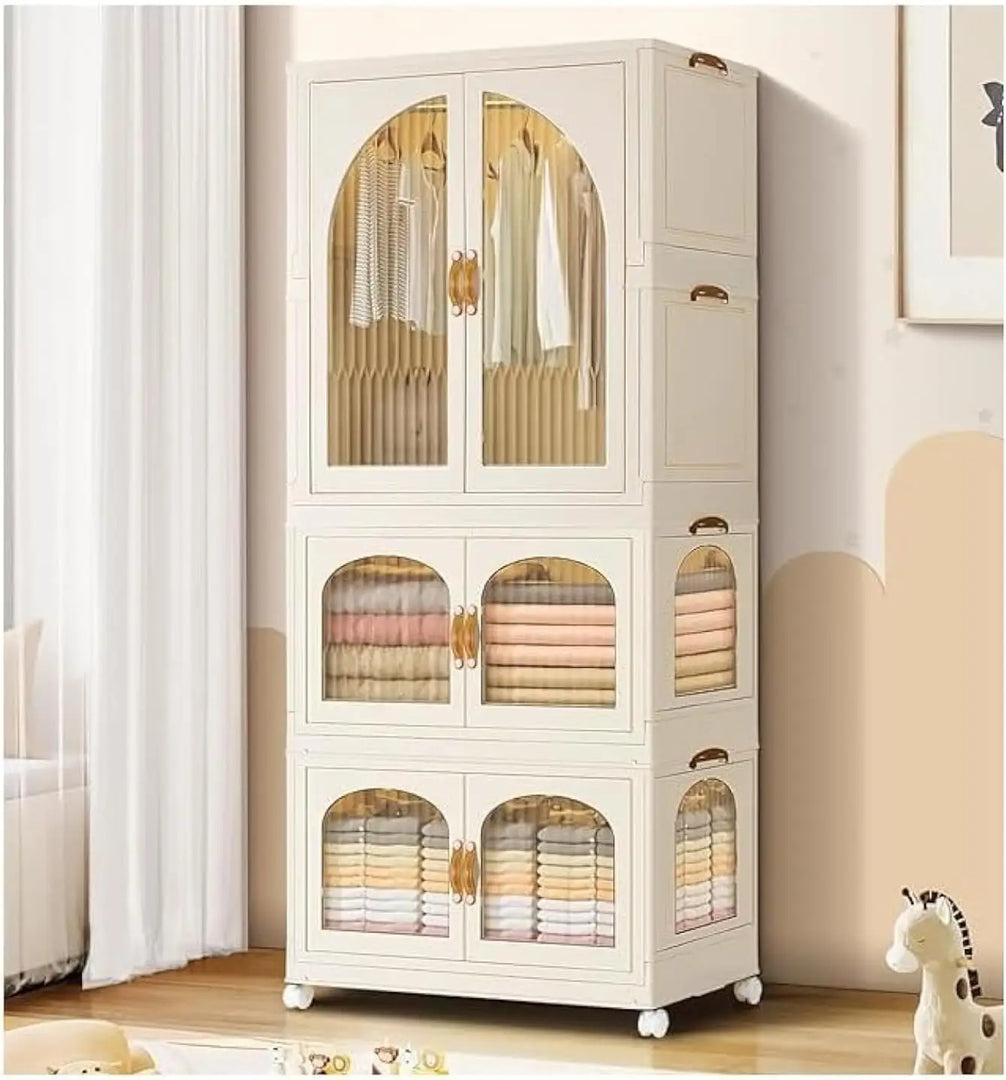 TAPIT Portable Closet Wardrobe Foldable Baby Clothes Organizer Kids Closet Wardrobe Collapsible Children Clothes Cabinet Bedroom Nursery Armoire Clothing Storage with Clear Doors (B-7033-1)-GCC Home Center