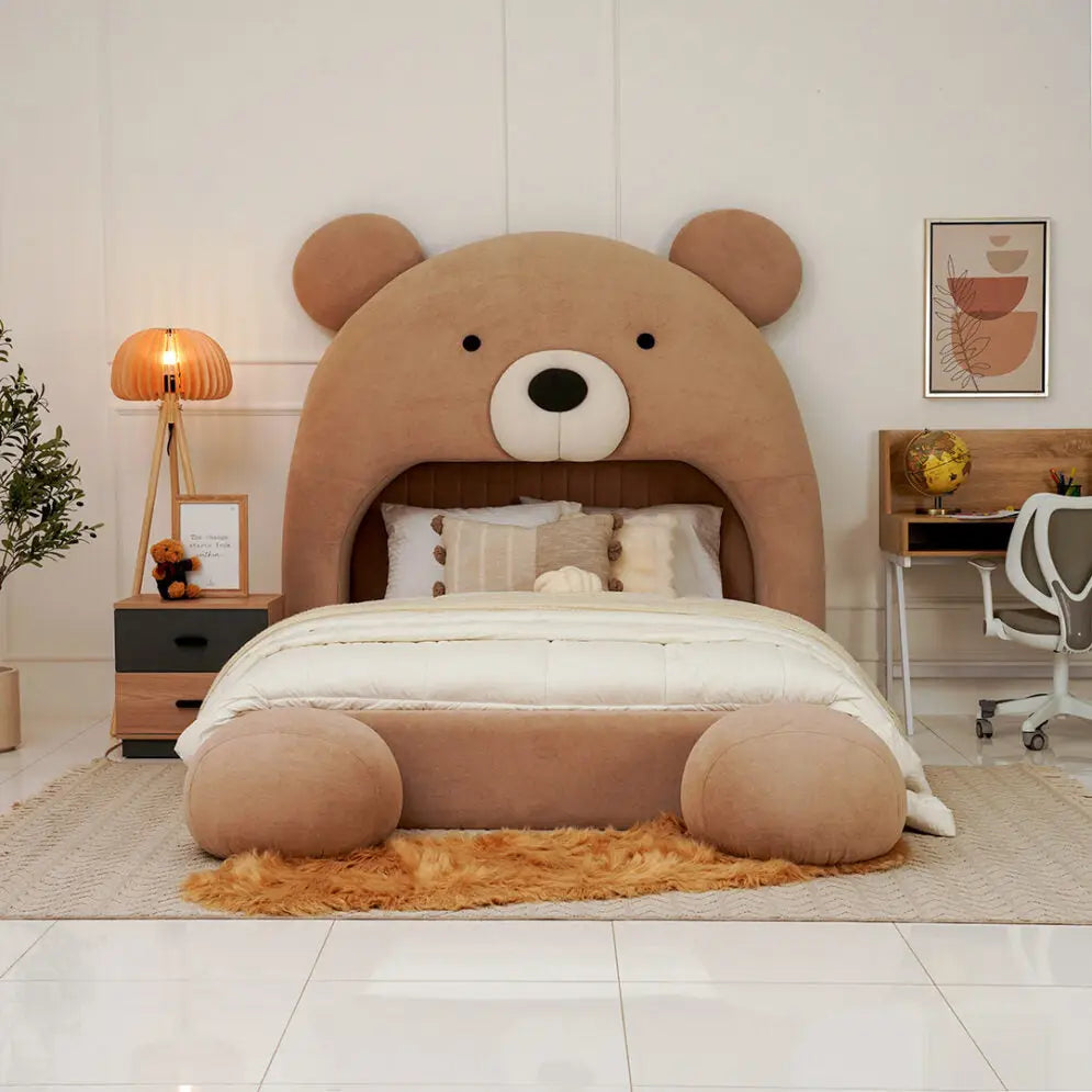 Teddy Kids Upholstered Bed – Modern Fabric Bed with Pouffe