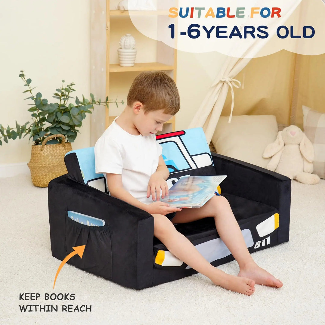 Tender Playful OEM Black Car Shaped Folding Kids Sofa Bed Small Foam Couch for Nursery