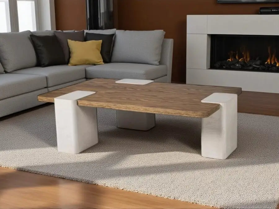 Travertine Coffee Table – Faux Travertine & Wood Veneer (144 x 88 cm)