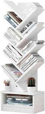 Load image into Gallery viewer, Tree Shaped Bookshelf – Slim Floor Standing Bookcase with Storage Cabinet