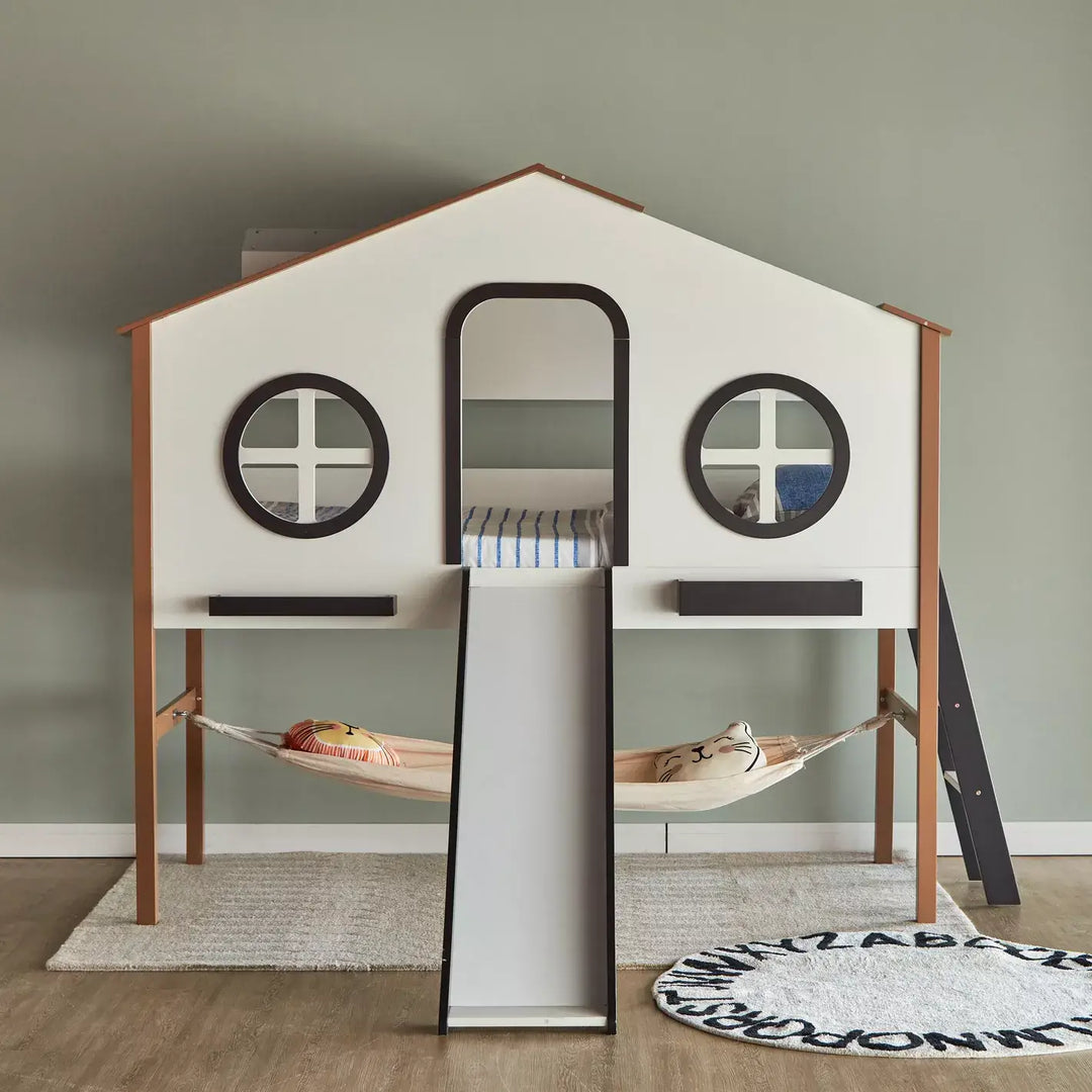Treehouse LED Play Twin Bed with Slide and Hammock - 90x200 cm-GCC Home Center
