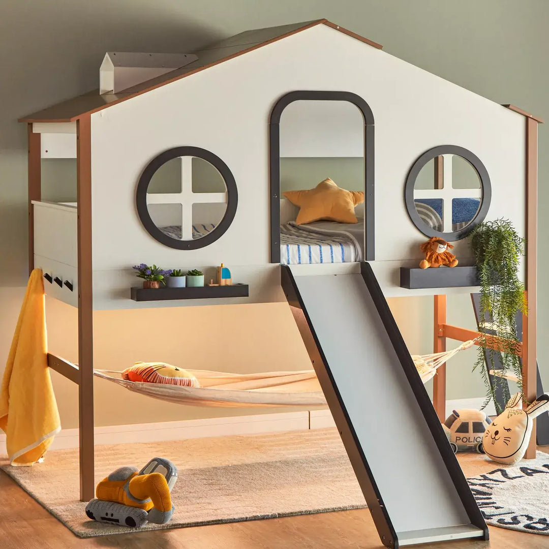 Treehouse LED Play Twin Bed with Slide and Hammock - 90x200 cm-GCC Home Center