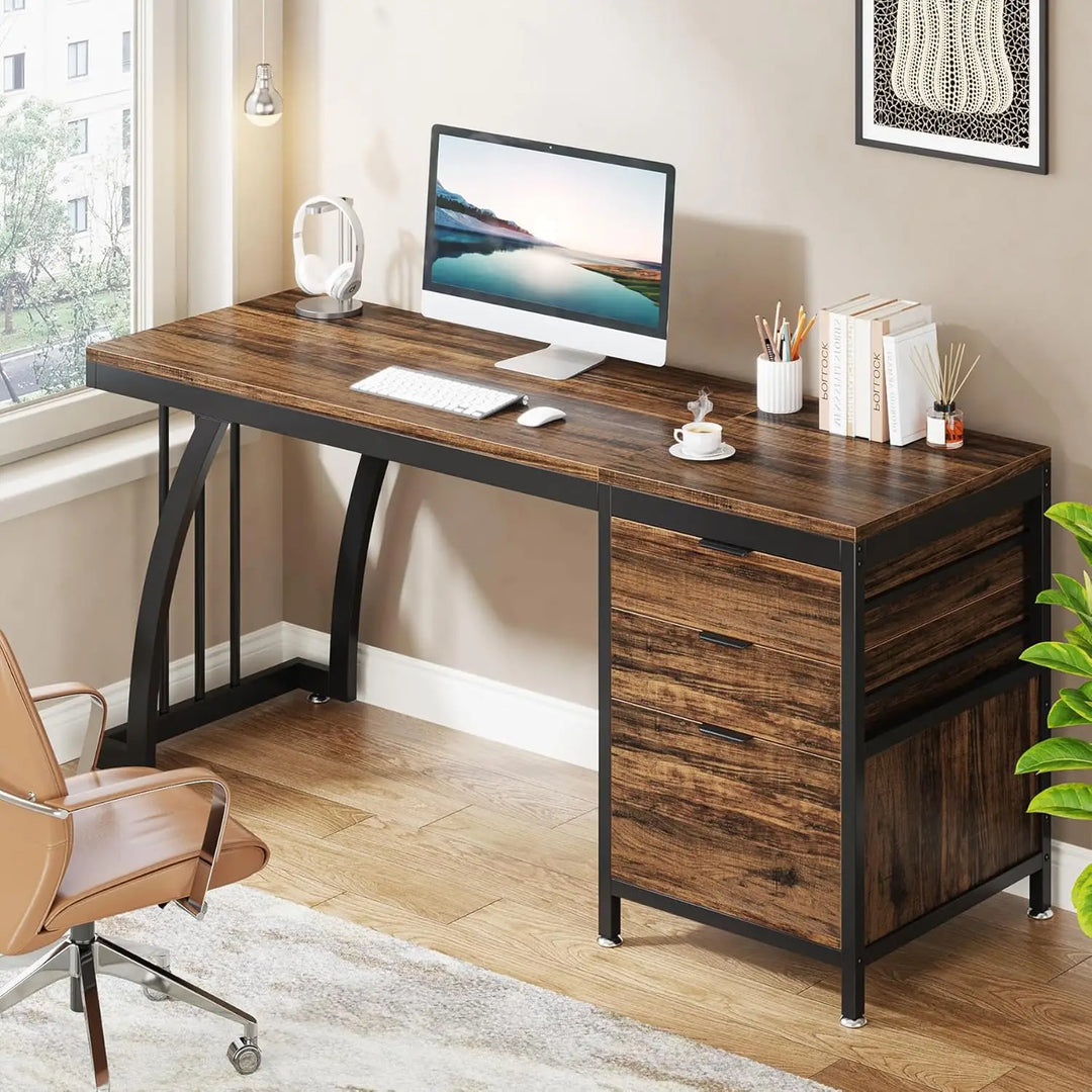 Tribesigns Computer Desk with 3 Drawers, 59-Inch PC Desk with Reversible Drawers, Industrial Study Writing Table Workstation with File Storage for Home Office, Rustic Brown-GCC Home Center