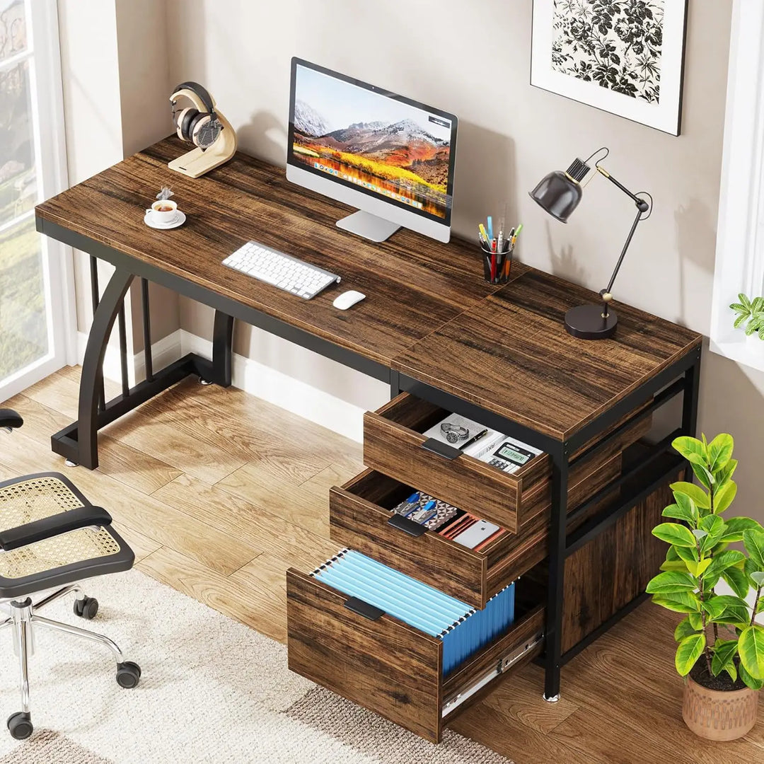 Tribesigns Computer Desk with 3 Drawers, 59-Inch PC Desk with Reversible Drawers, Industrial Study Writing Table Workstation with File Storage for Home Office, Rustic Brown-GCC Home Center