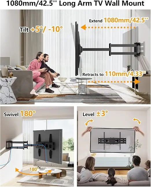 TV Wall Bracket with 1080mm Extra Long Articulated Arm, Heavy Duty XXL Long Reach Full Motion TV Wall Mount with Swivel Tilt Extend