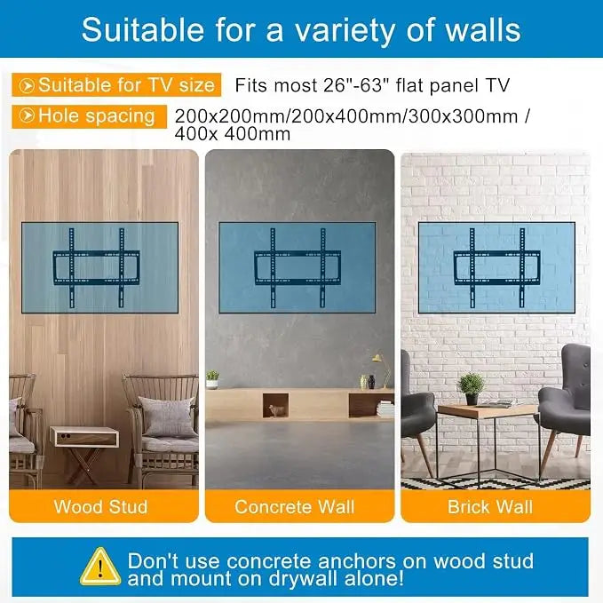 TV Wall Mount 26-65 Inches Ultra Strong Slim Fixed TV Bracket Heavy Duty Ultra Super Strong 50KG TV Wall Mount with Wall Fixing Kit for Flat Curved Screen TV LED LCD OLED and Plasma 50Kg