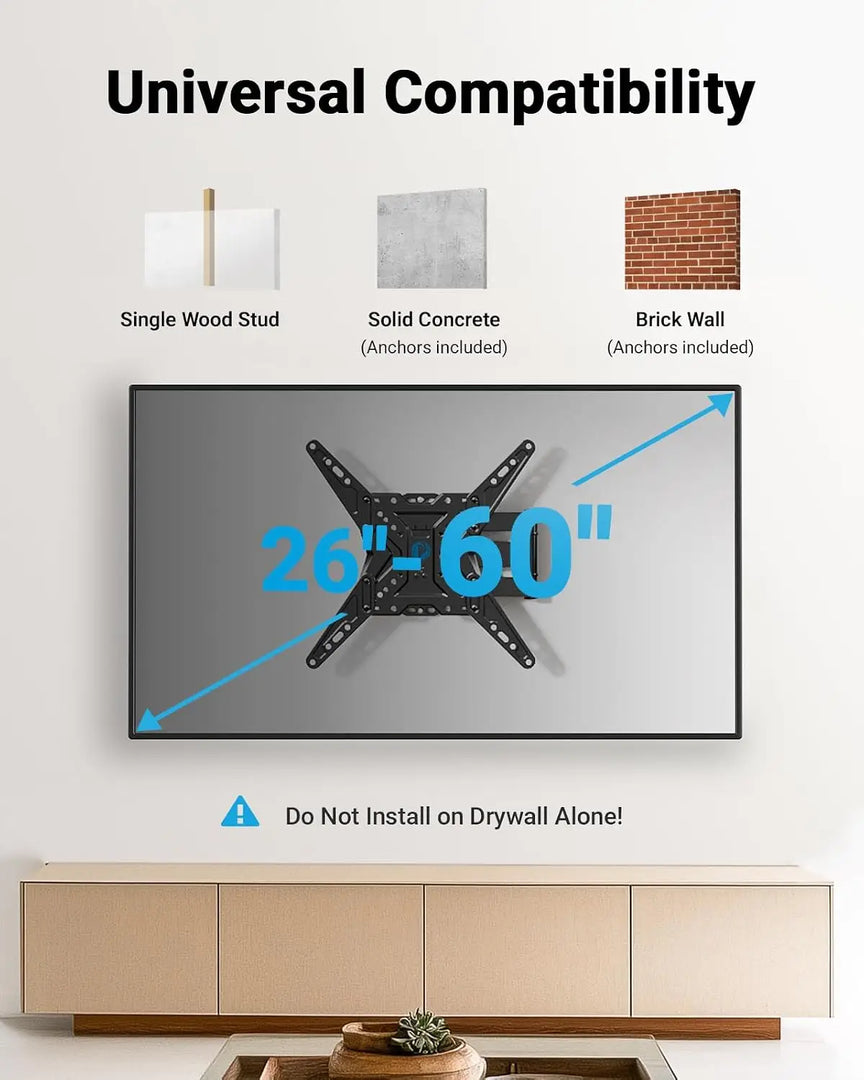 TV Wall Mount for Most 26-60 inch TVs, Full Motion with Swivel ±90°, Tilt +5~-15° & Extension, Single Stud Bracket Holds up to 35 kg, Max VESA 400x400mm