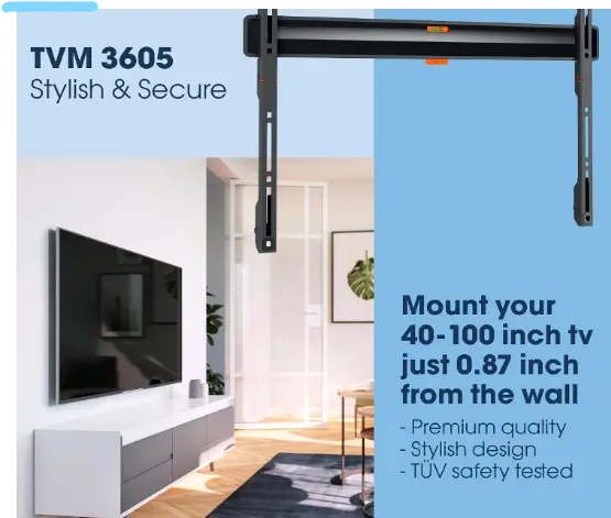 TVM 3605 Fixed Flat TV Wall Mount Bracket for 40-100 Inch TVs, Holds Maximum 75 kg TVs, Maximum VESA 600 x 400, Universal Compatibility, Distance from The Wall Only 2.2 cm