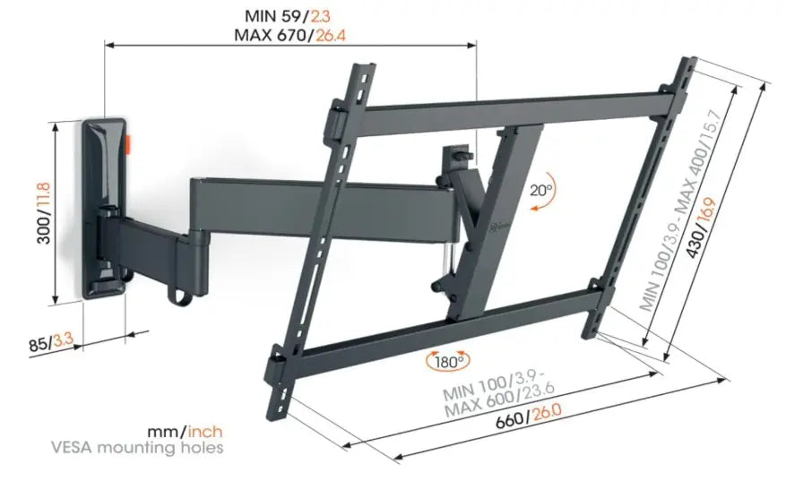TVM 3645 Swivel TV Wall Mount Bracket for 40-77 Inch TVs, Holds TVs Up To Max. 35 kg, Swivels Up To 180° Full Motion TV Mount Max. VESA 600x400, Universal Compatibility