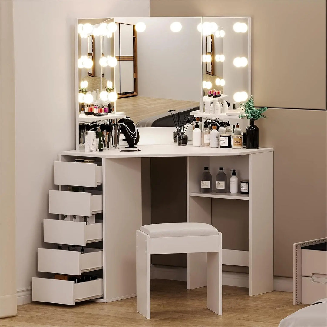 Vanity Desk with Mirror and Lights, Large Dressing Tables with Charging, 5 Drawers, Shelves and Vanity Stool-GCC Home Center