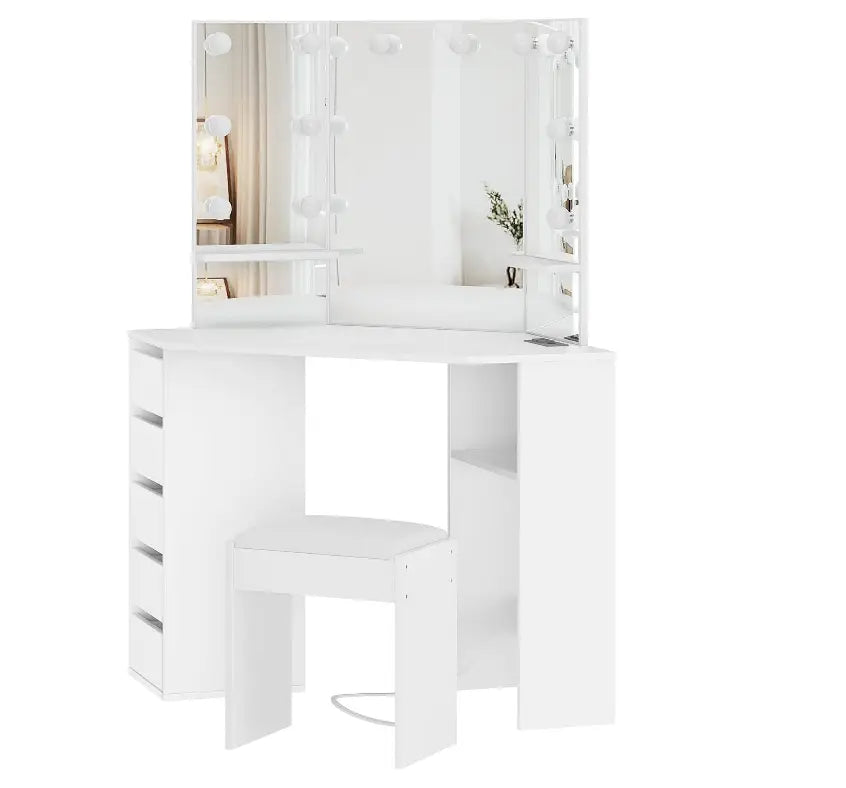 Vanity Desk with Mirror and Lights, Large Dressing Tables with Charging, 5 Drawers, Shelves and Vanity Stool-GCC Home Center