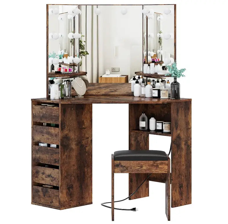 Vanity Desk with Mirror and Lights, Large Dressing Tables with Charging, 5 Drawers, Shelves and Vanity Stool-GCC Home Center