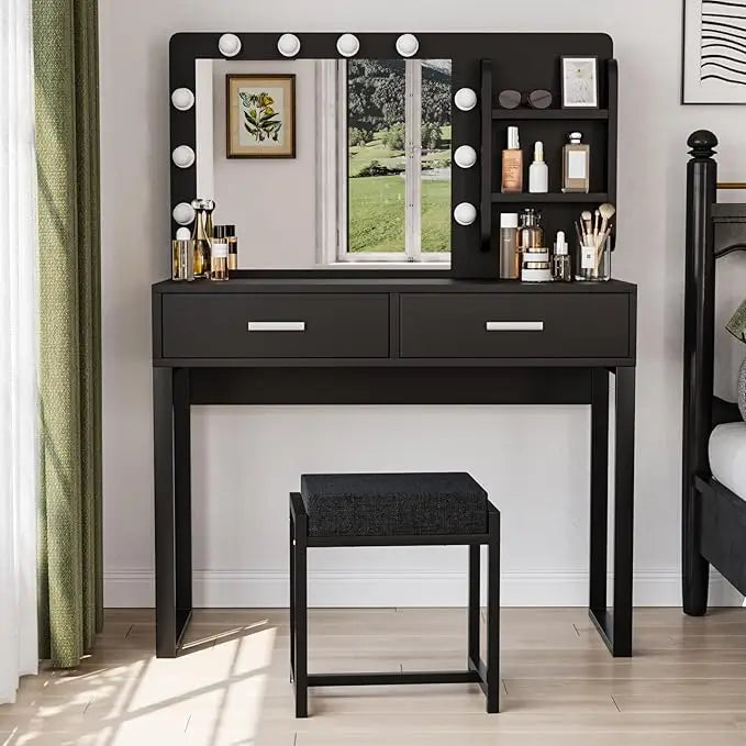 Vanity Desk with Mirror, With Chair and 10 LED Lights, with 2 Big Drawers and Side Shelves for Storage-GCC Home Center