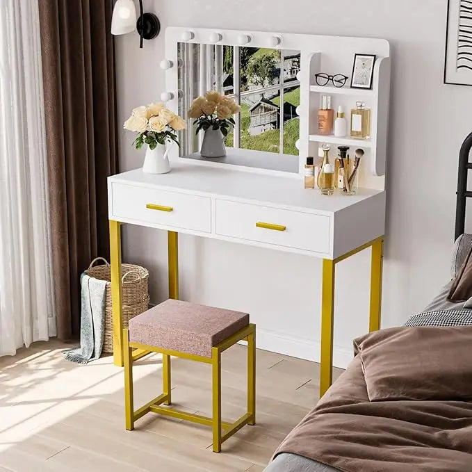 Vanity Desk with Mirror, With Chair and 10 LED Lights, with 2 Big Drawers and Side Shelves for Storage-GCC Home Center