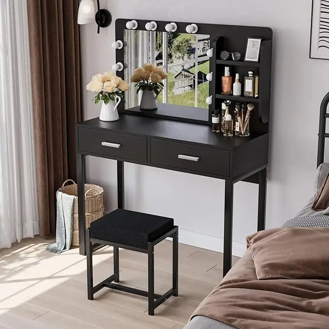 Vanity Desk with Mirror, With Chair and 10 LED Lights, with 2 Big Drawers and Side Shelves for Storage-GCC Home Center