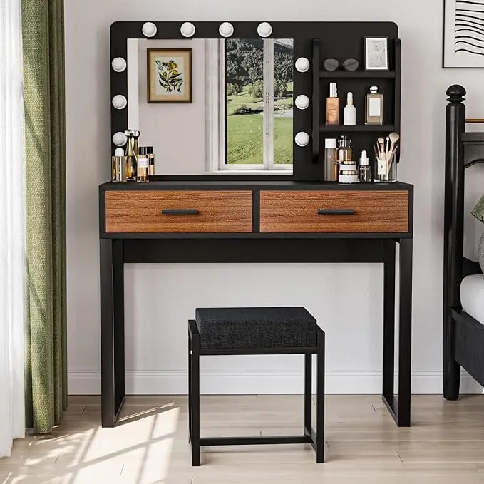 Vanity Desk with Mirror, With Chair and 10 LED Lights, with 2 Big Drawers and Side Shelves for Storage-GCC Home Center