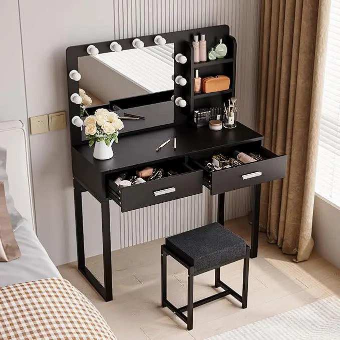 Vanity Desk with Mirror, With Chair and 10 LED Lights, with 2 Big Drawers and Side Shelves for Storage-GCC Home Center