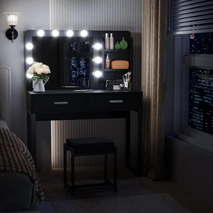 Vanity Desk with Mirror, With Chair and 10 LED Lights, with 2 Big Drawers and Side Shelves for Storage-GCC Home Center