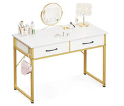 Vanity Desk Without Mirror, Makeup Vanity with 2 Fabric Drawers, White With Gold Legs-GCC Home Center