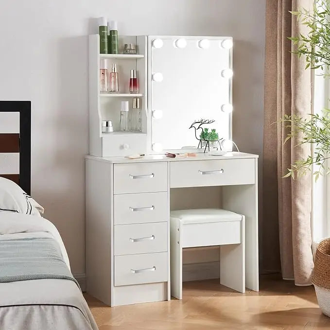 Vanity Table Set with LED Lighted Mirror, Makeup Vanity Dressing Table with 5 Drawers, Storage Shelves-GCC Home Center