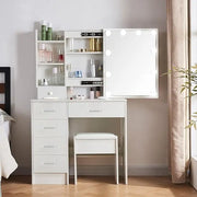 Vanity Table Set with LED Lighted Mirror, Makeup Vanity Dressing Table with 5 Drawers, Storage Shelves-GCC Home Center