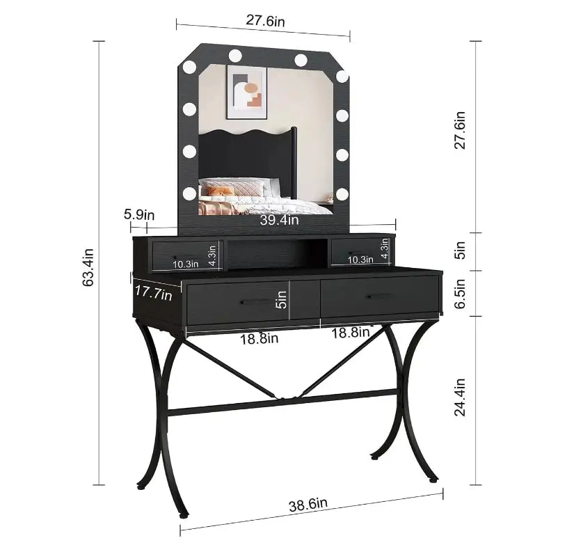 Vanity Table with Lighted Mirror, Modern Makeup Vanity Table with 10 Lights Makeup Desk 4 drawer Storage-GCC Home Center