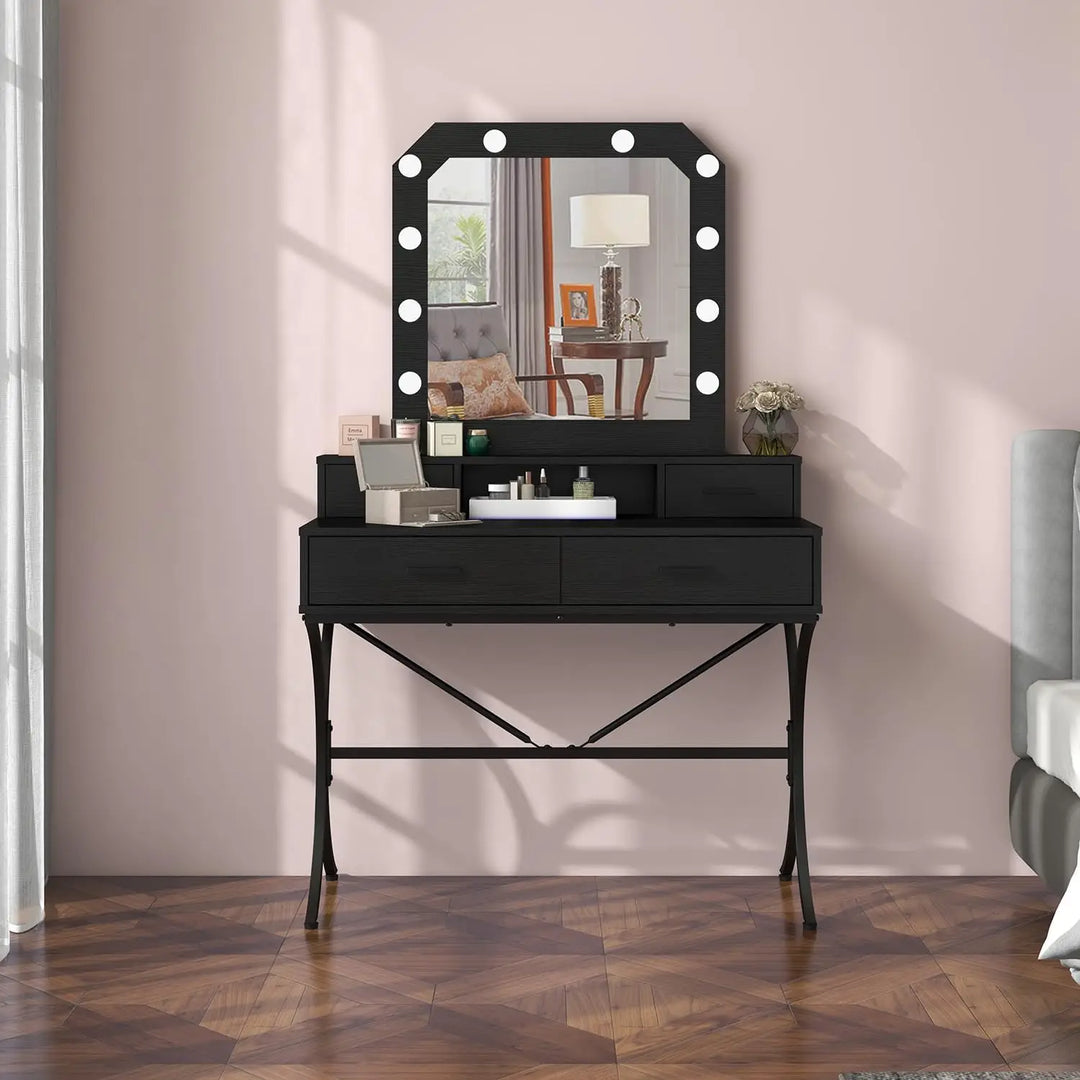 Vanity Table with Lighted Mirror, Modern Makeup Vanity Table with 10 Lights Makeup Desk 4 drawer Storage-GCC Home Center