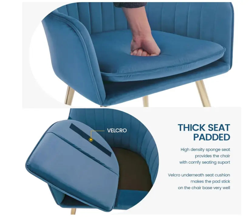 Velvet Dining Chair Set of 2 - Mid-Back Accent Chair, Modern Leisure Armchair with Gold Plating Legs (Blue)-GCC Home Center