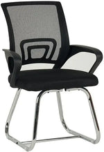 Load image into Gallery viewer, Black mesh visitor chair with chrome cantilever base and white armrest accents ergonomic office desk chair