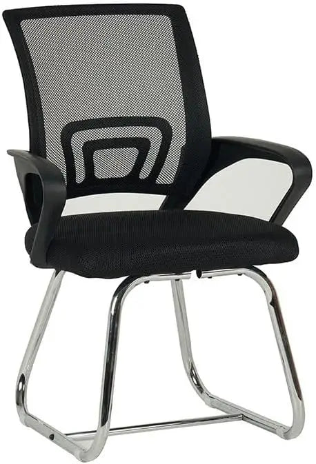 Black mesh visitor chair with chrome cantilever base and white armrest accents ergonomic office desk chair