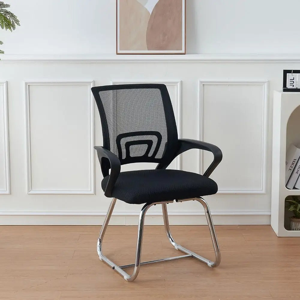 Black mesh visitor chair with padded seat and chrome cantilever base for ergonomic office and home use
