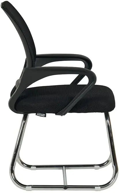 Black mesh visitor chair with chrome frame and curved armrests ergonomic office desk computer chair