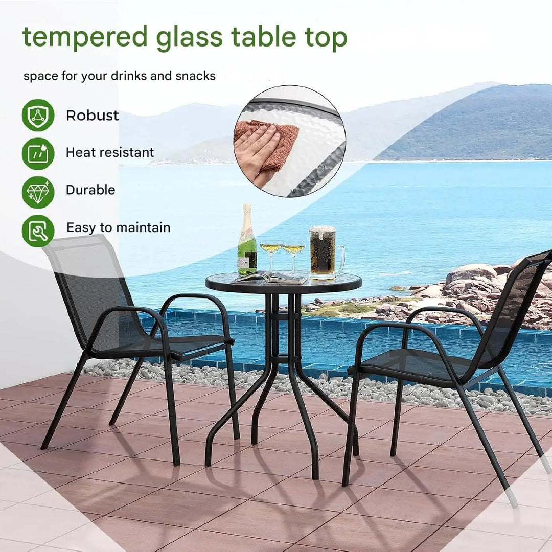 Vital Outdoor Patio Bistro Set – Black Wicker Chairs & Round Table for Elegant and Comfortable Small Space Dining, Relaxation, and Outdoor Enjoyment (VI-DNS-13)