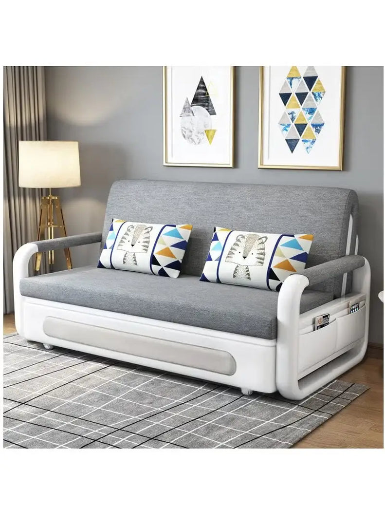 Wenbo home gray fabric sofa bed with white plastic frame and geometric throw pillows for living and bedroom use