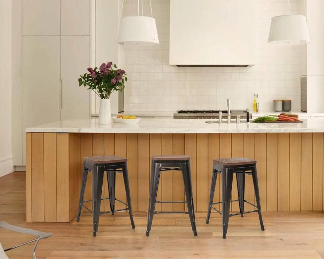 Wood Top Modern Metal Bar Stool, Black