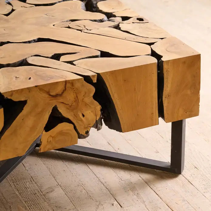 Wooden Coffee Table – Teak Root Patchwork Design