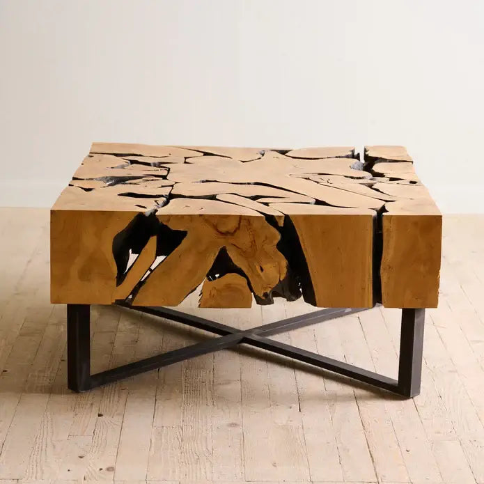 Wooden Coffee Table – Teak Root Patchwork Design