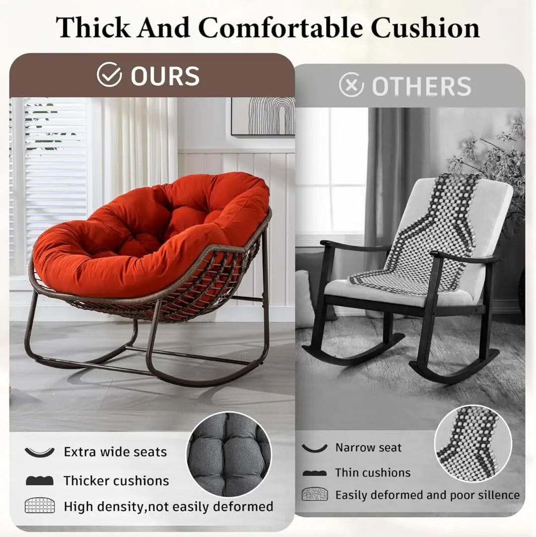Wooden Twist Large Indoor Outdoor Rocking Chair, Oversized Rocking Papasan Chair with Thick Cushion and Frame Outdoor Rocker, Comfy Wicker Egg Chairs Lounge for Outside Porch Patio (Red)-GCC Home Center